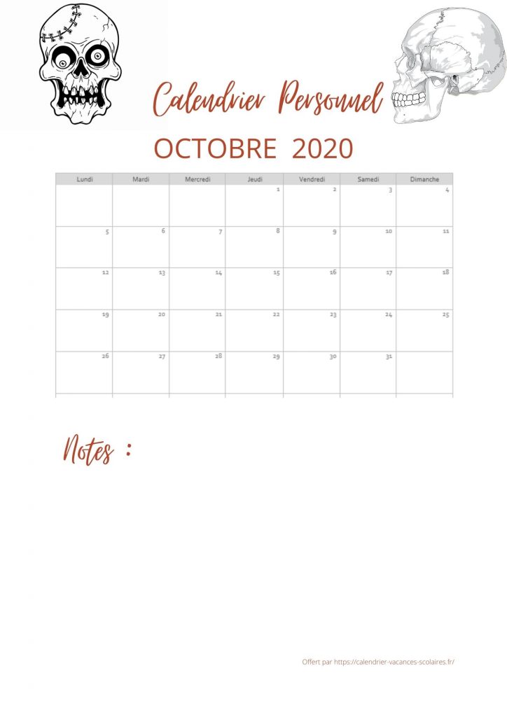 Calendrier d'Octobre 2020 spécial Halloween